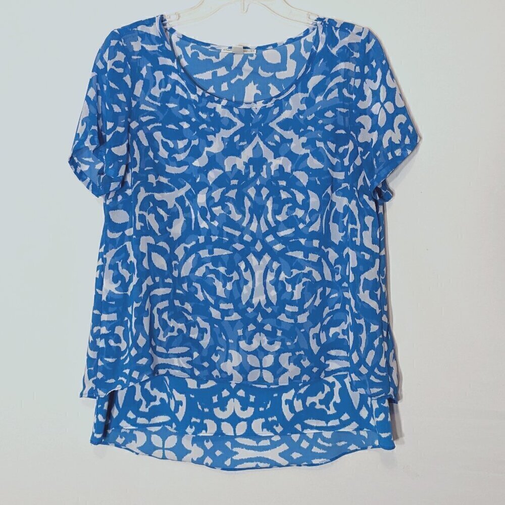 Women's DANA BUCHMAN Teal/White Short Sleeve Tunic Top w Chiffon Overlay; Size M